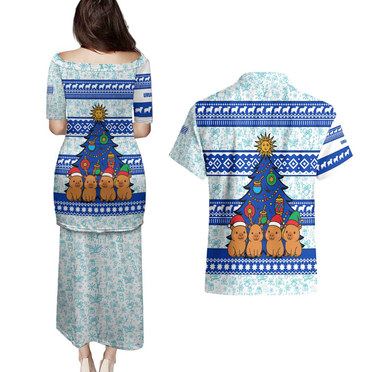 Uruguay Christmas Couples Matching Puletasi and Hawaiian Shirt with Capybaras Holiday Tree Sun Emblem and Blue Festive Pattern - Wonder Print Shop