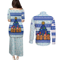 Uruguay Christmas Couples Matching Puletasi and Long Sleeve Button Shirt with Capybaras Holiday Tree Sun Emblem and Blue Festive Pattern - Wonder Print Shop
