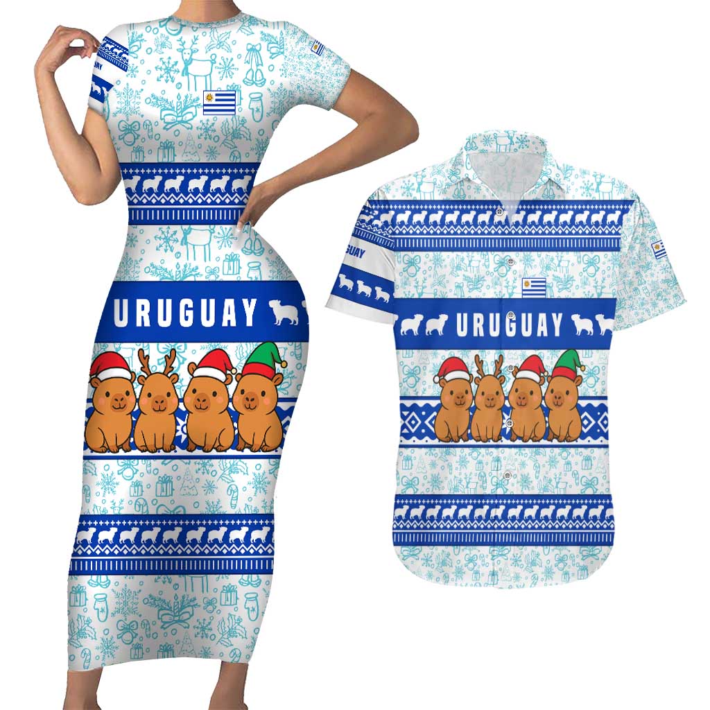 Uruguay Christmas Couples Matching Short Sleeve Bodycon Dress and Hawaiian Shirt with Capybaras Holiday Tree Sun Emblem and Blue Festive Pattern - Wonder Print Shop