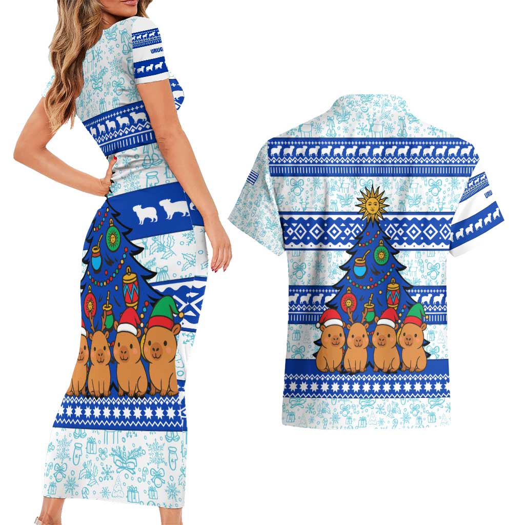 Uruguay Christmas Couples Matching Short Sleeve Bodycon Dress and Hawaiian Shirt with Capybaras Holiday Tree Sun Emblem and Blue Festive Pattern - Wonder Print Shop