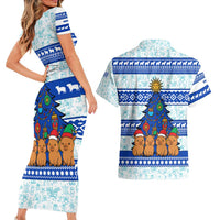 Uruguay Christmas Couples Matching Short Sleeve Bodycon Dress and Hawaiian Shirt with Capybaras Holiday Tree Sun Emblem and Blue Festive Pattern - Wonder Print Shop