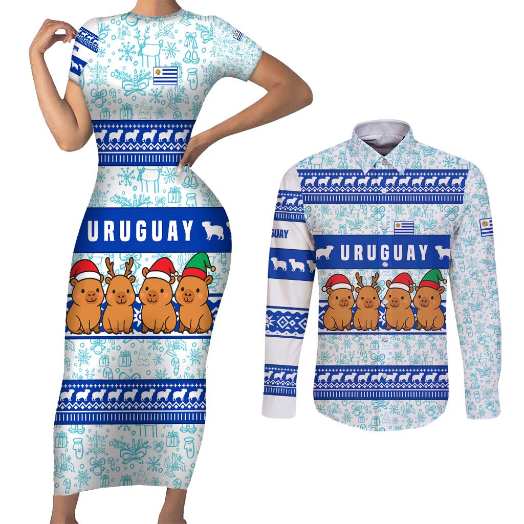 Uruguay Christmas Couples Matching Short Sleeve Bodycon Dress and Long Sleeve Button Shirt with Capybaras Holiday Tree Sun Emblem and Blue Festive Pattern - Wonder Print Shop