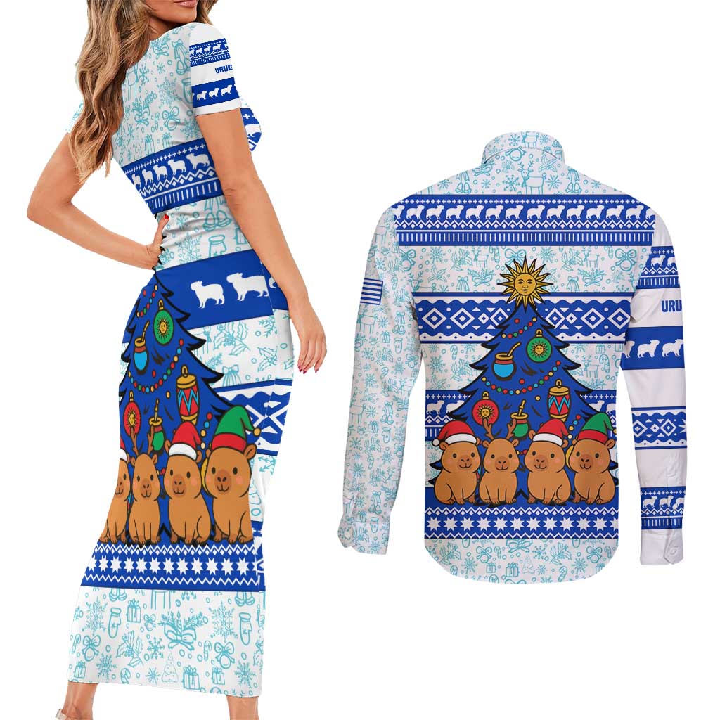 Uruguay Christmas Couples Matching Short Sleeve Bodycon Dress and Long Sleeve Button Shirt with Capybaras Holiday Tree Sun Emblem and Blue Festive Pattern - Wonder Print Shop