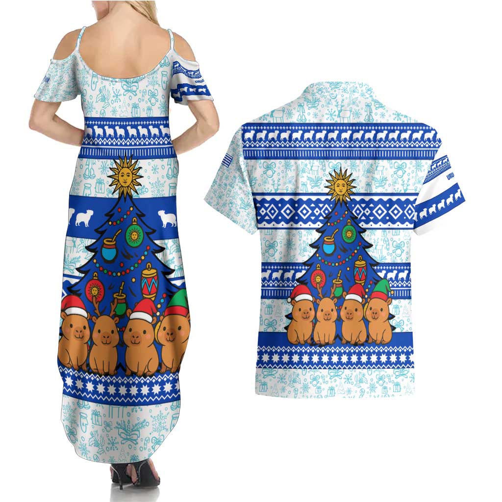 Uruguay Christmas Couples Matching Summer Maxi Dress and Hawaiian Shirt with Capybaras Holiday Tree Sun Emblem and Blue Festive Pattern - Wonder Print Shop