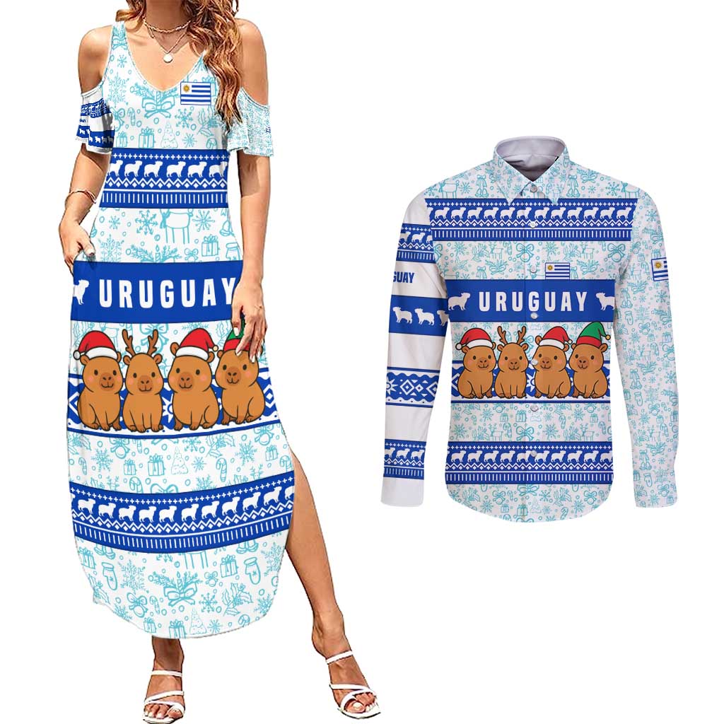 Uruguay Christmas Couples Matching Summer Maxi Dress and Long Sleeve Button Shirt with Capybaras Holiday Tree Sun Emblem and Blue Festive Pattern - Wonder Print Shop