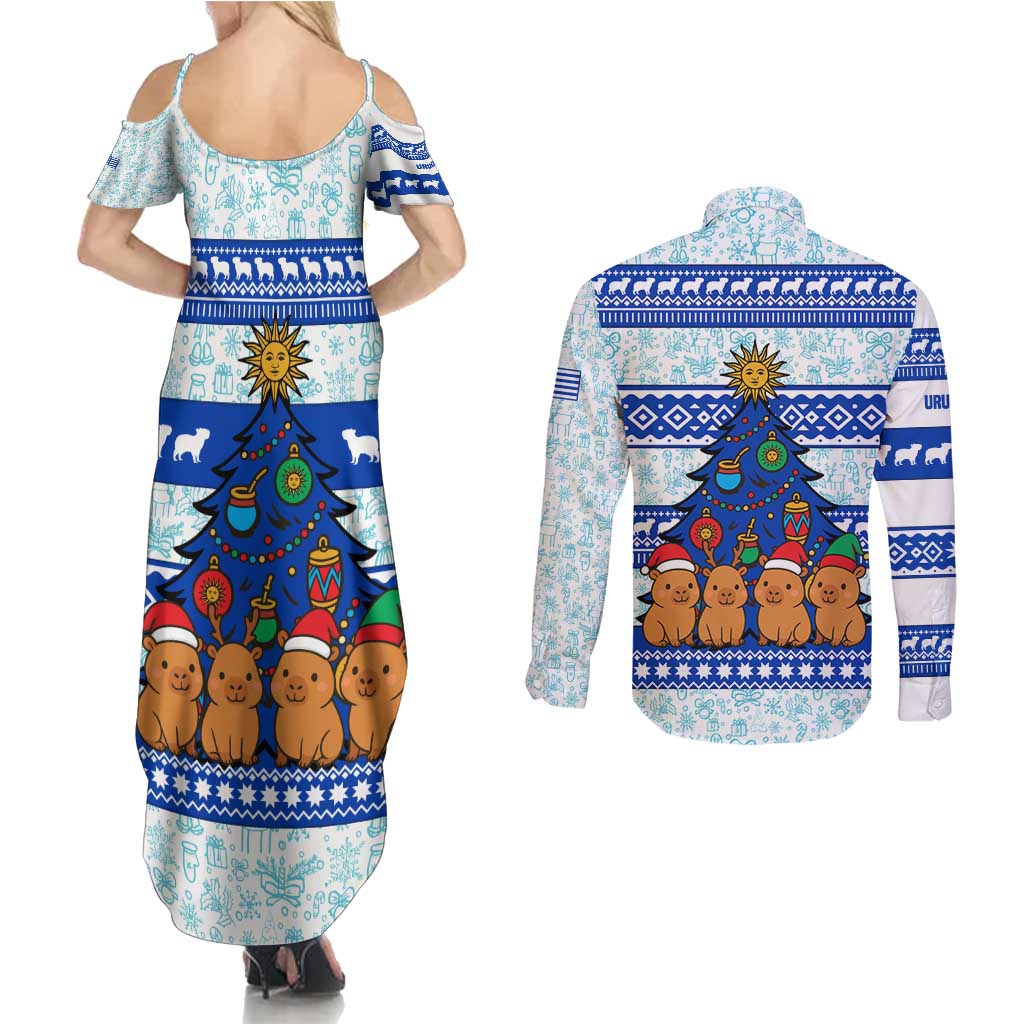 Uruguay Christmas Couples Matching Summer Maxi Dress and Long Sleeve Button Shirt with Capybaras Holiday Tree Sun Emblem and Blue Festive Pattern - Wonder Print Shop