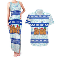 Uruguay Christmas Couples Matching Tank Maxi Dress and Hawaiian Shirt with Capybaras Holiday Tree Sun Emblem and Blue Festive Pattern - Wonder Print Shop