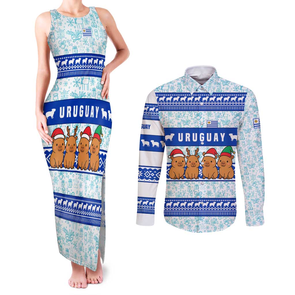 Uruguay Christmas Couples Matching Tank Maxi Dress and Long Sleeve Button Shirt with Capybaras Holiday Tree Sun Emblem and Blue Festive Pattern - Wonder Print Shop