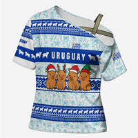 Uruguay Christmas Cross Shoulder Shirt with Capybaras Holiday Tree Sun Emblem and Blue Festive Pattern - Wonder Print Shop