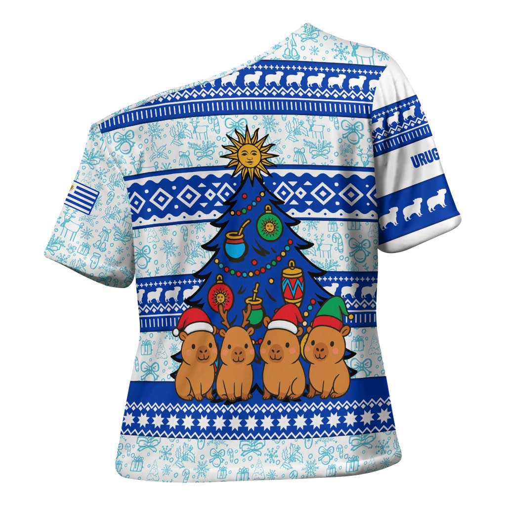 Uruguay Christmas Cross Shoulder Shirt with Capybaras Holiday Tree Sun Emblem and Blue Festive Pattern - Wonder Print Shop