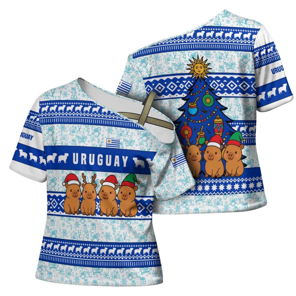 Uruguay Christmas Cross Shoulder Shirt with Capybaras Holiday Tree Sun Emblem and Blue Festive Pattern - Wonder Print Shop