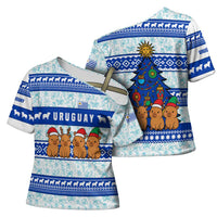 Uruguay Christmas Cross Shoulder Shirt with Capybaras Holiday Tree Sun Emblem and Blue Festive Pattern - Wonder Print Shop