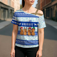 Uruguay Christmas Cross Shoulder Shirt with Capybaras Holiday Tree Sun Emblem and Blue Festive Pattern - Wonder Print Shop