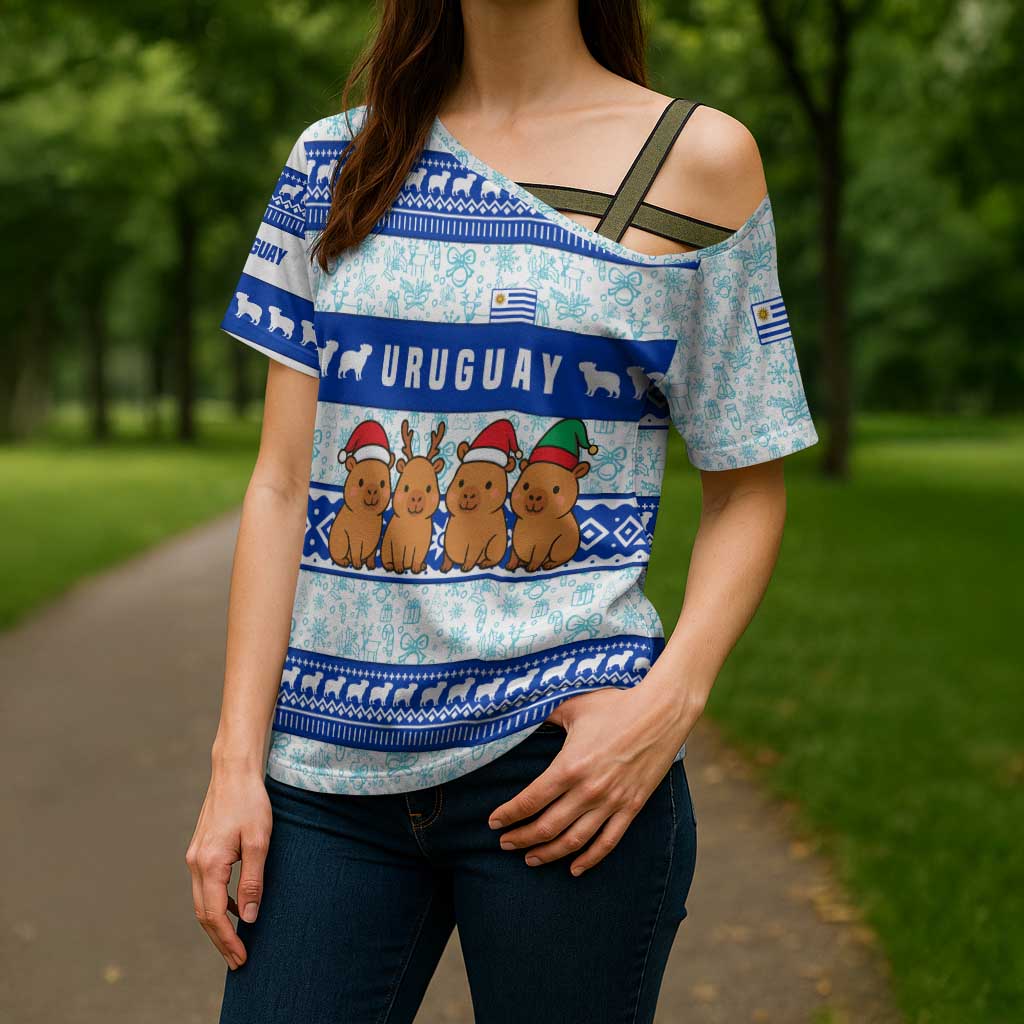 Uruguay Christmas Cross Shoulder Shirt with Capybaras Holiday Tree Sun Emblem and Blue Festive Pattern - Wonder Print Shop