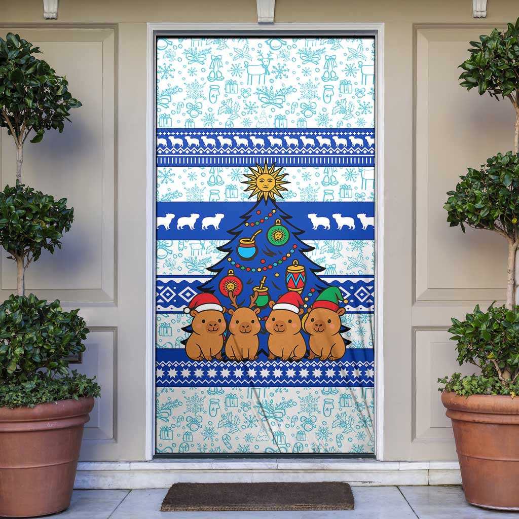 Uruguay Christmas Door Cover with Capybaras Holiday Tree Sun Emblem and Blue Festive Pattern - Wonder Print Shop