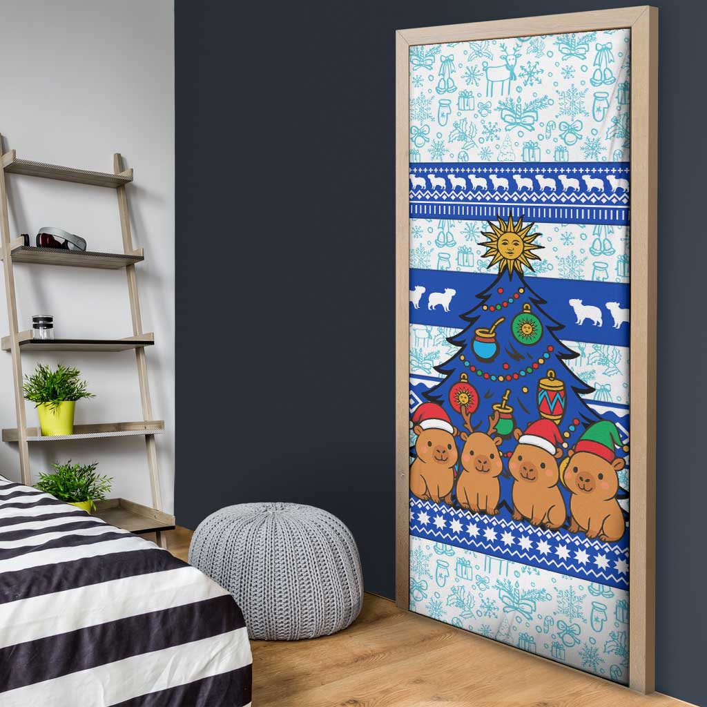 Uruguay Christmas Door Cover with Capybaras Holiday Tree Sun Emblem and Blue Festive Pattern - Wonder Print Shop