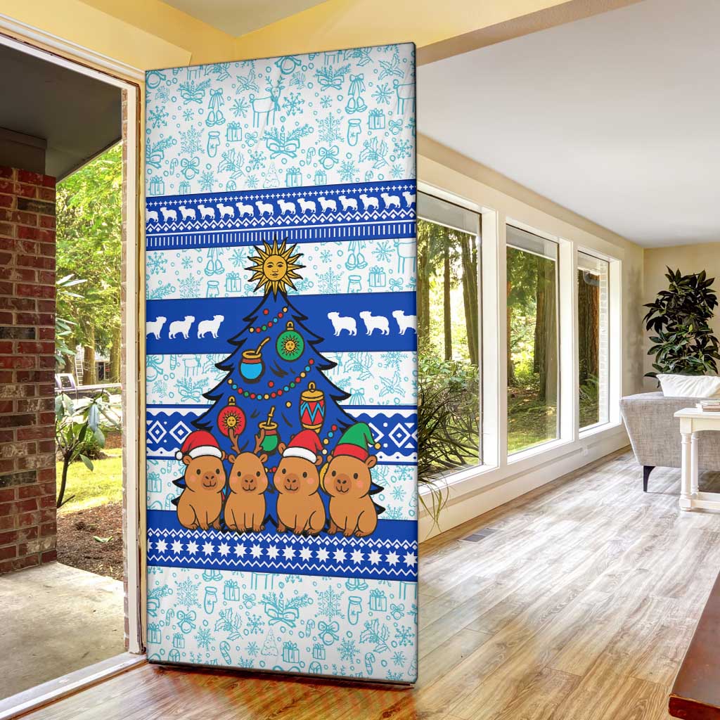 Uruguay Christmas Door Cover with Capybaras Holiday Tree Sun Emblem and Blue Festive Pattern - Wonder Print Shop