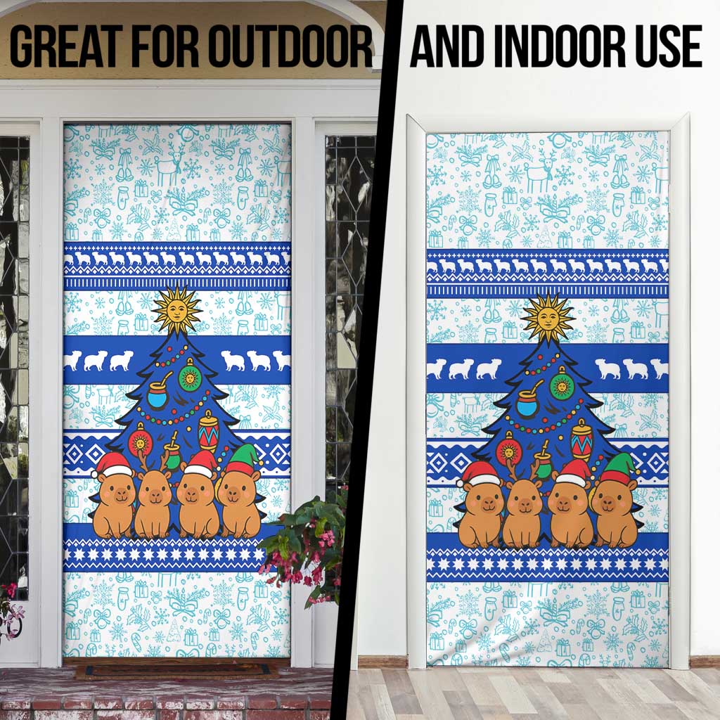 Uruguay Christmas Door Cover with Capybaras Holiday Tree Sun Emblem and Blue Festive Pattern - Wonder Print Shop