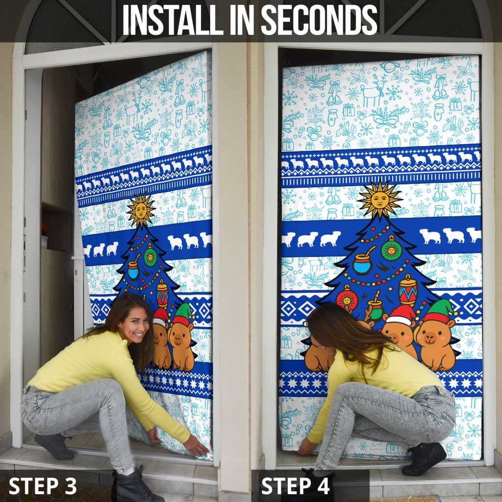 Uruguay Christmas Door Cover with Capybaras Holiday Tree Sun Emblem and Blue Festive Pattern - Wonder Print Shop