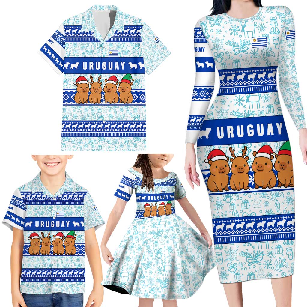Uruguay Christmas Family Matching Long Sleeve Bodycon Dress and Hawaiian Shirt with Capybaras Holiday Tree Sun Emblem and Blue Festive Pattern - Wonder Print Shop