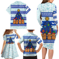 Uruguay Christmas Family Matching Long Sleeve Bodycon Dress and Hawaiian Shirt with Capybaras Holiday Tree Sun Emblem and Blue Festive Pattern - Wonder Print Shop