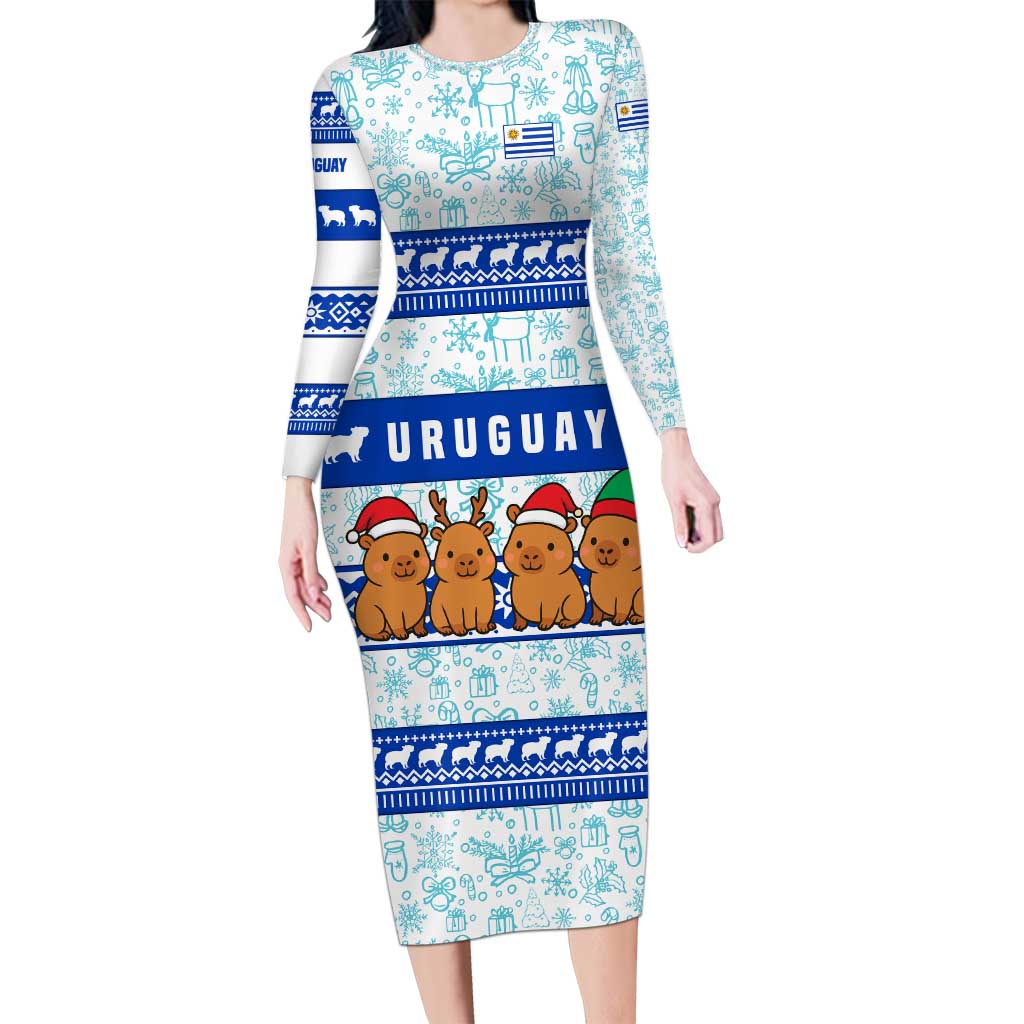 Uruguay Christmas Family Matching Long Sleeve Bodycon Dress and Hawaiian Shirt with Capybaras Holiday Tree Sun Emblem and Blue Festive Pattern - Wonder Print Shop