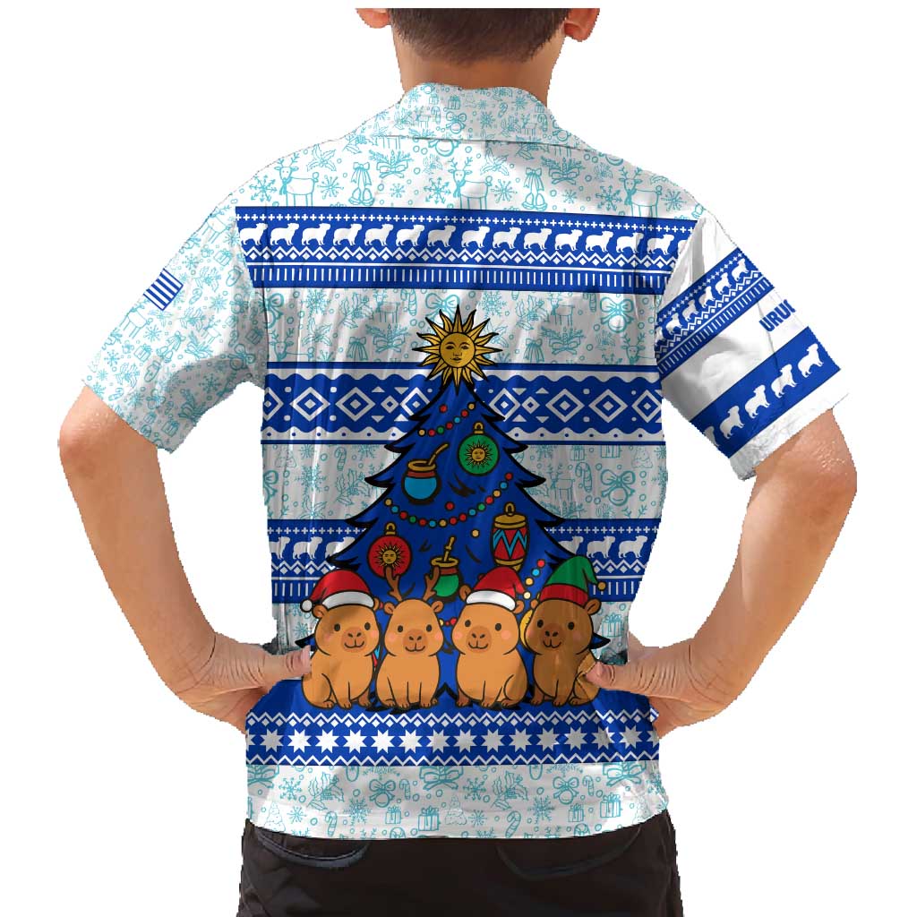 Uruguay Christmas Family Matching Mermaid Dress and Hawaiian Shirt with Capybaras Holiday Tree Sun Emblem and Blue Festive Pattern - Wonder Print Shop