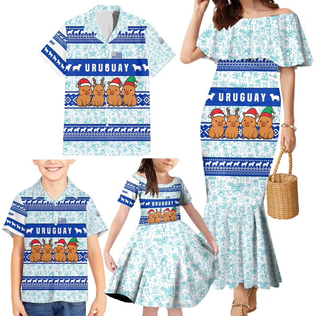 Uruguay Christmas Family Matching Mermaid Dress and Hawaiian Shirt with Capybaras Holiday Tree Sun Emblem and Blue Festive Pattern - Wonder Print Shop