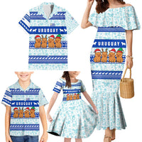 Uruguay Christmas Family Matching Mermaid Dress and Hawaiian Shirt with Capybaras Holiday Tree Sun Emblem and Blue Festive Pattern - Wonder Print Shop