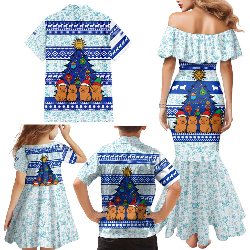 Uruguay Christmas Family Matching Mermaid Dress and Hawaiian Shirt with Capybaras Holiday Tree Sun Emblem and Blue Festive Pattern - Wonder Print Shop