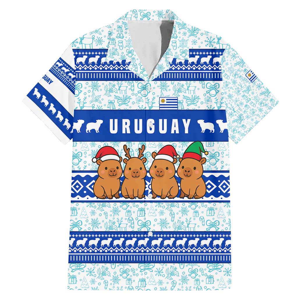 Uruguay Christmas Family Matching Mermaid Dress and Hawaiian Shirt with Capybaras Holiday Tree Sun Emblem and Blue Festive Pattern - Wonder Print Shop