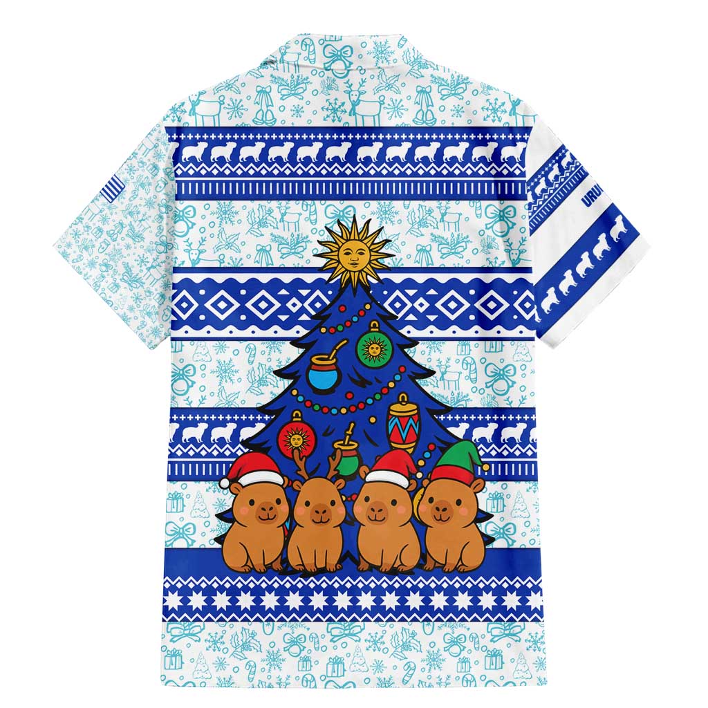 Uruguay Christmas Family Matching Mermaid Dress and Hawaiian Shirt with Capybaras Holiday Tree Sun Emblem and Blue Festive Pattern - Wonder Print Shop