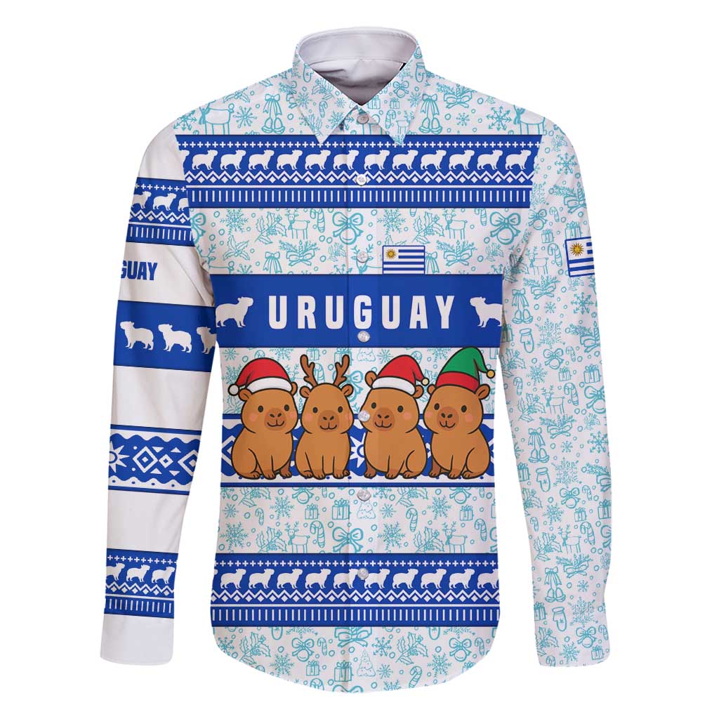 Uruguay Christmas Family Matching Mermaid Dress and Hawaiian Shirt with Capybaras Holiday Tree Sun Emblem and Blue Festive Pattern - Wonder Print Shop