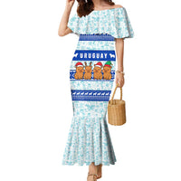 Uruguay Christmas Family Matching Mermaid Dress and Hawaiian Shirt with Capybaras Holiday Tree Sun Emblem and Blue Festive Pattern - Wonder Print Shop