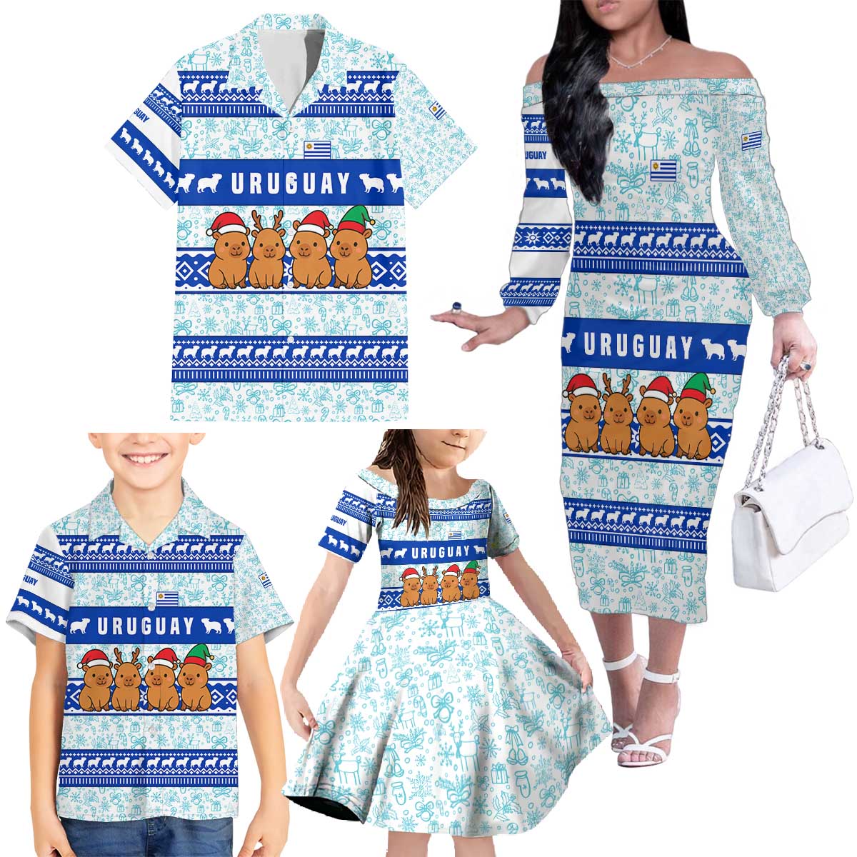 Uruguay Christmas Family Matching Off The Shoulder Long Sleeve Dress and Hawaiian Shirt with Capybaras Holiday Tree Sun Emblem and Blue Festive Pattern - Wonder Print Shop