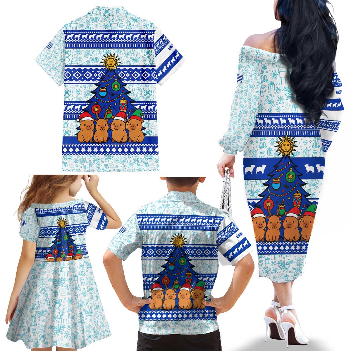 Uruguay Christmas Family Matching Off The Shoulder Long Sleeve Dress and Hawaiian Shirt with Capybaras Holiday Tree Sun Emblem and Blue Festive Pattern - Wonder Print Shop