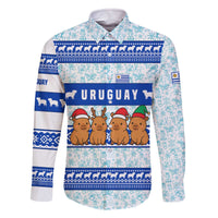 Uruguay Christmas Family Matching Off The Shoulder Long Sleeve Dress and Hawaiian Shirt with Capybaras Holiday Tree Sun Emblem and Blue Festive Pattern - Wonder Print Shop