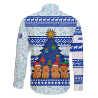 Uruguay Christmas Family Matching Off The Shoulder Long Sleeve Dress and Hawaiian Shirt with Capybaras Holiday Tree Sun Emblem and Blue Festive Pattern - Wonder Print Shop