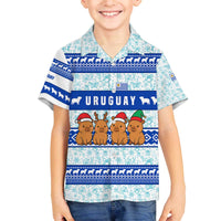 Uruguay Christmas Family Matching Off The Shoulder Long Sleeve Dress and Hawaiian Shirt with Capybaras Holiday Tree Sun Emblem and Blue Festive Pattern - Wonder Print Shop