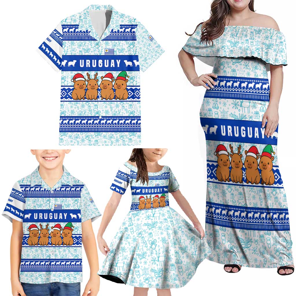 Uruguay Christmas Family Matching Off Shoulder Maxi Dress and Hawaiian Shirt with Capybaras Holiday Tree Sun Emblem and Blue Festive Pattern - Wonder Print Shop