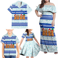 Uruguay Christmas Family Matching Off Shoulder Maxi Dress and Hawaiian Shirt with Capybaras Holiday Tree Sun Emblem and Blue Festive Pattern - Wonder Print Shop