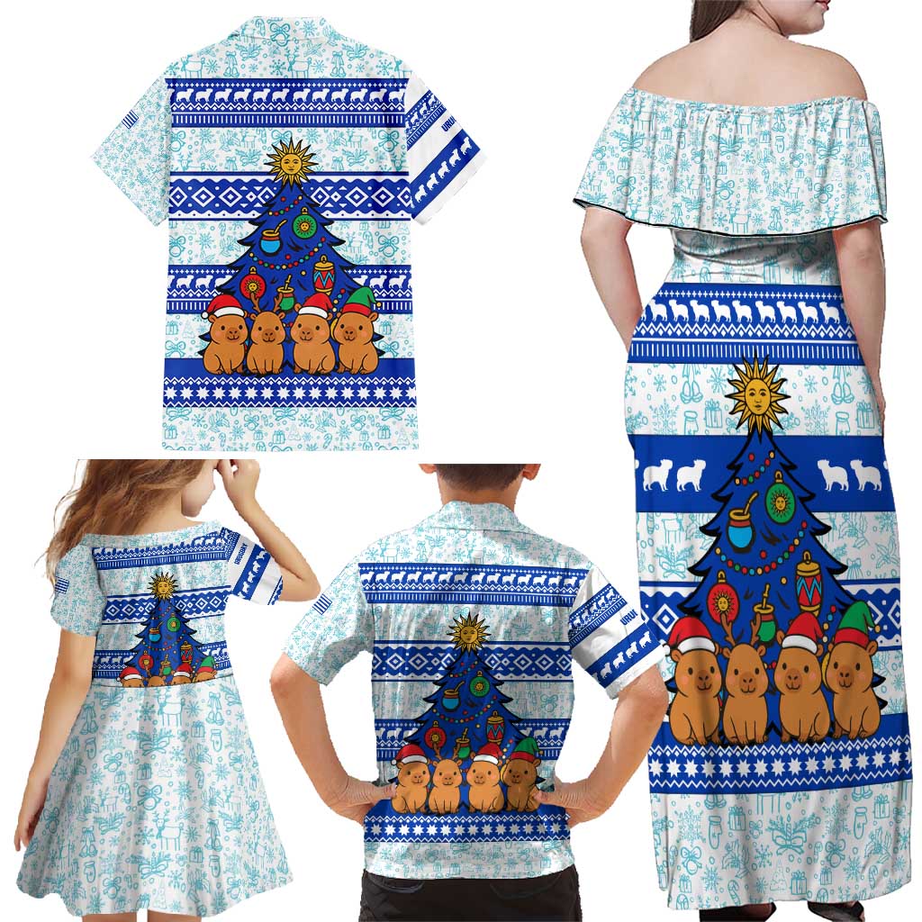 Uruguay Christmas Family Matching Off Shoulder Maxi Dress and Hawaiian Shirt with Capybaras Holiday Tree Sun Emblem and Blue Festive Pattern - Wonder Print Shop