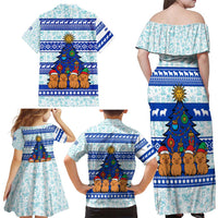 Uruguay Christmas Family Matching Off Shoulder Maxi Dress and Hawaiian Shirt with Capybaras Holiday Tree Sun Emblem and Blue Festive Pattern - Wonder Print Shop