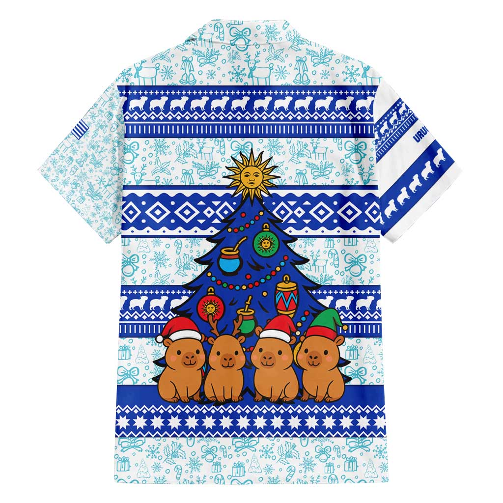 Uruguay Christmas Family Matching Off Shoulder Maxi Dress and Hawaiian Shirt with Capybaras Holiday Tree Sun Emblem and Blue Festive Pattern - Wonder Print Shop