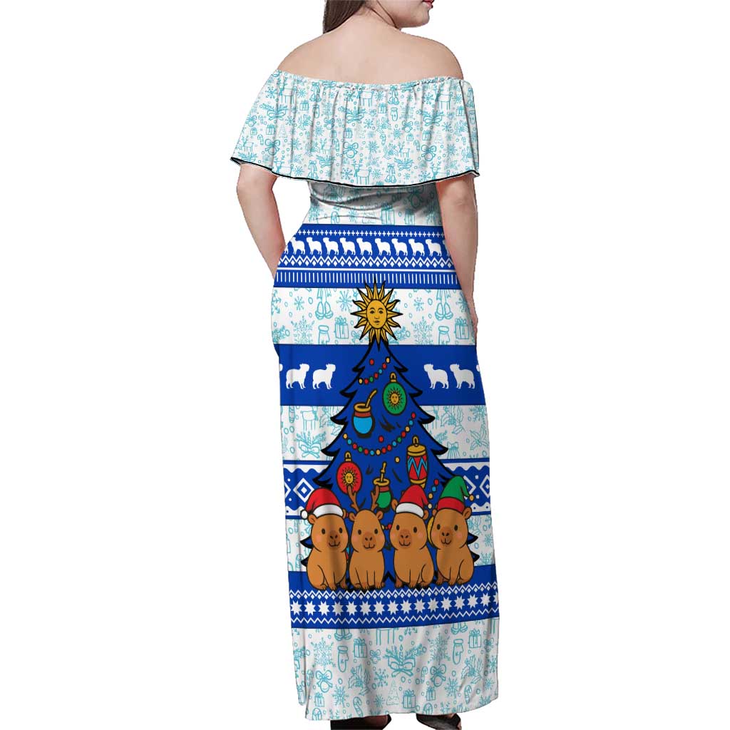 Uruguay Christmas Family Matching Off Shoulder Maxi Dress and Hawaiian Shirt with Capybaras Holiday Tree Sun Emblem and Blue Festive Pattern - Wonder Print Shop
