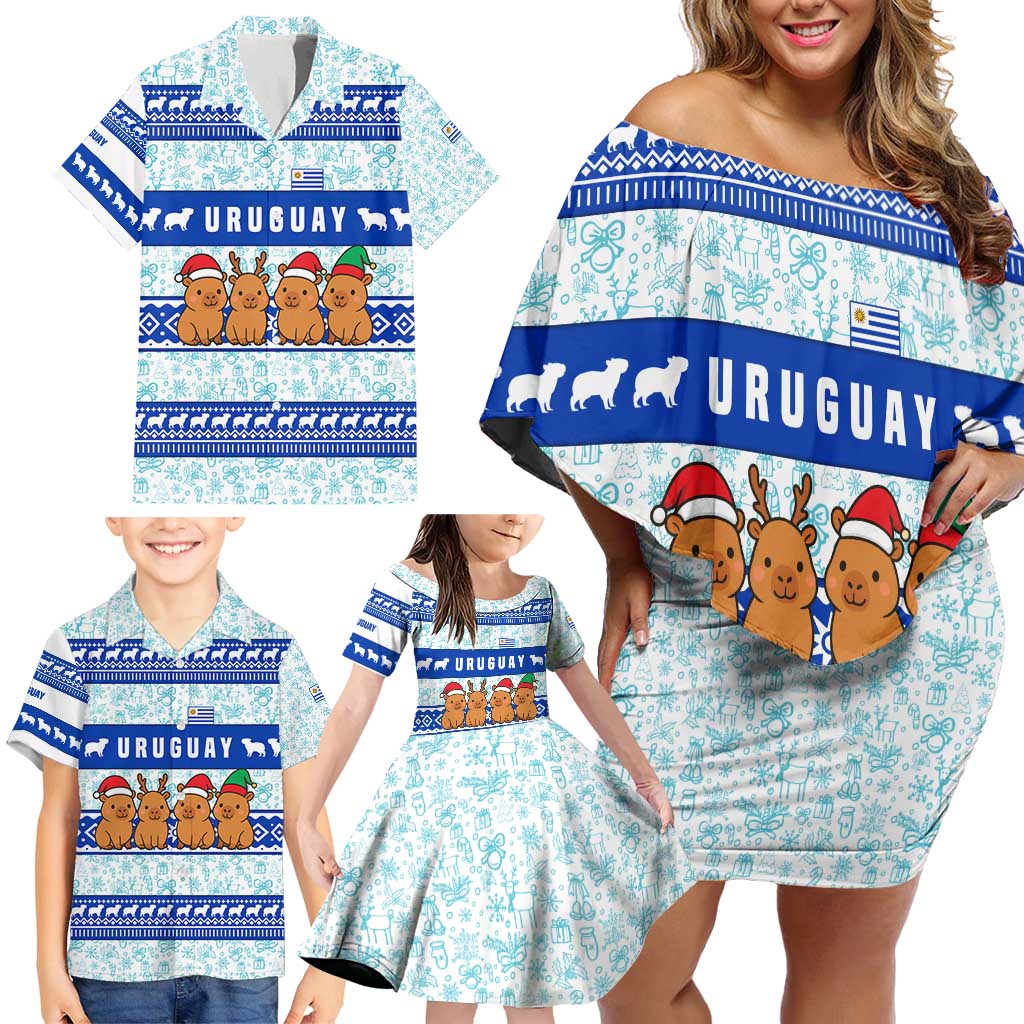 Uruguay Christmas Family Matching Off Shoulder Short Dress and Hawaiian Shirt with Capybaras Holiday Tree Sun Emblem and Blue Festive Pattern - Wonder Print Shop