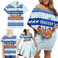 Uruguay Christmas Family Matching Off Shoulder Short Dress and Hawaiian Shirt with Capybaras Holiday Tree Sun Emblem and Blue Festive Pattern - Wonder Print Shop