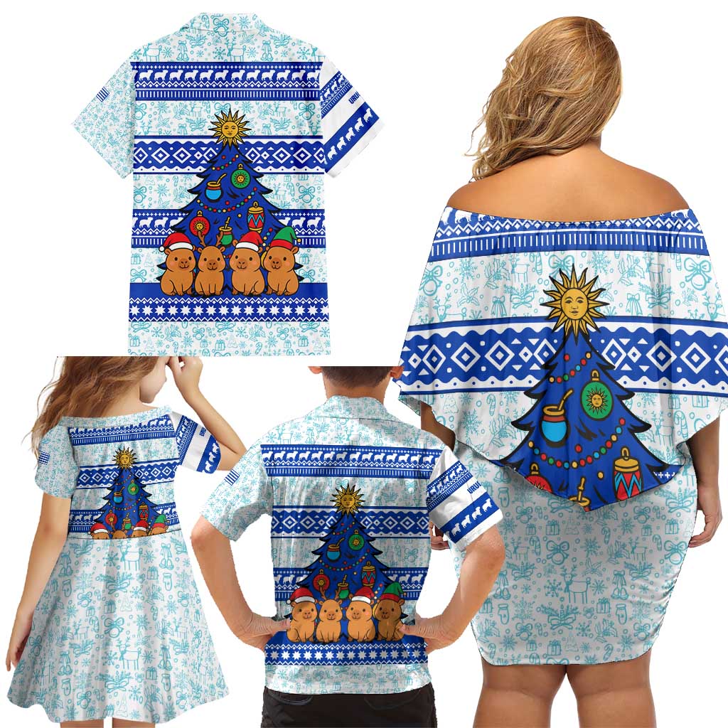 Uruguay Christmas Family Matching Off Shoulder Short Dress and Hawaiian Shirt with Capybaras Holiday Tree Sun Emblem and Blue Festive Pattern - Wonder Print Shop