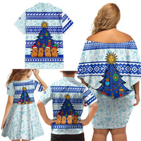 Uruguay Christmas Family Matching Off Shoulder Short Dress and Hawaiian Shirt with Capybaras Holiday Tree Sun Emblem and Blue Festive Pattern - Wonder Print Shop