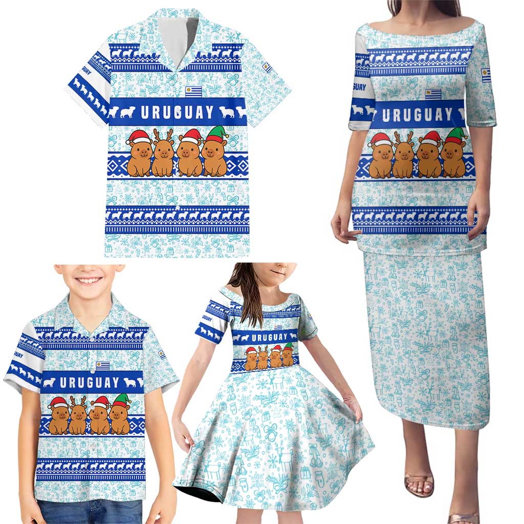 Uruguay Christmas Family Matching Puletasi and Hawaiian Shirt with Capybaras Holiday Tree Sun Emblem and Blue Festive Pattern - Wonder Print Shop